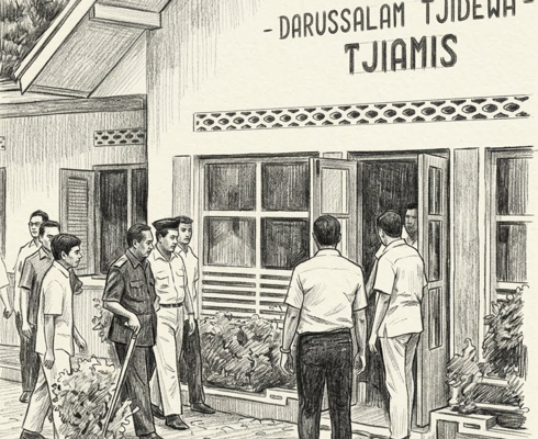 Ilustradi suasana pesantren saat Kunjungan Presiden Soeharto ke Pesantren Cidewa sebagai cikal bakal Pondok Pesantren Darussalam Ciamis. 